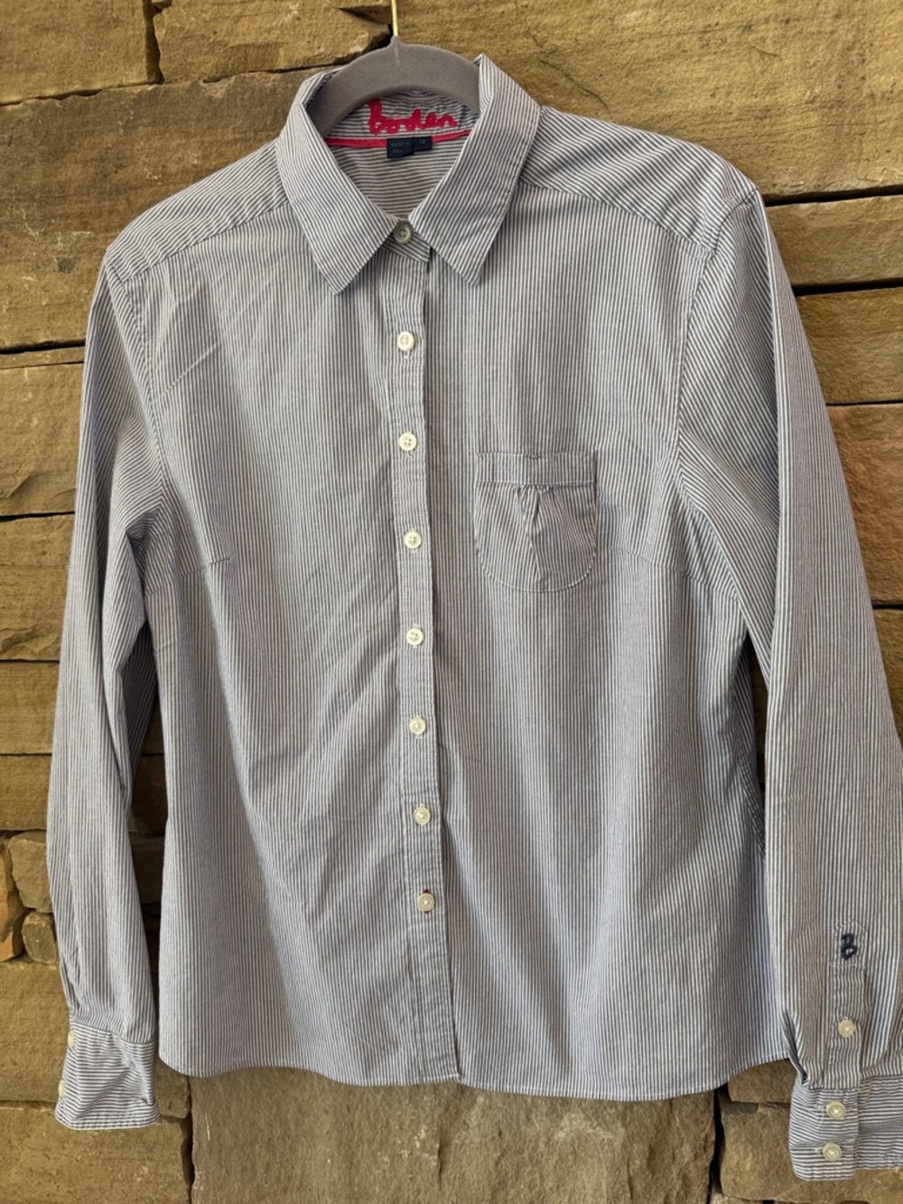 Boden Blue & White Micro-Stripe Button-Down Shirt Feminine Cut, Cotton Stretch
